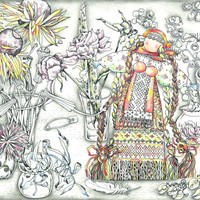 Цветочная Берегиня.  Бумага, смешанная техника. 41*29. 2015  <br>
 Floral Bereginya. Cardboard, mixed technique
